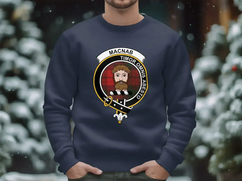 MacNab clan crest sweatshirt in navy — Timor Omnis Abesto tartan front on crewneck fleece