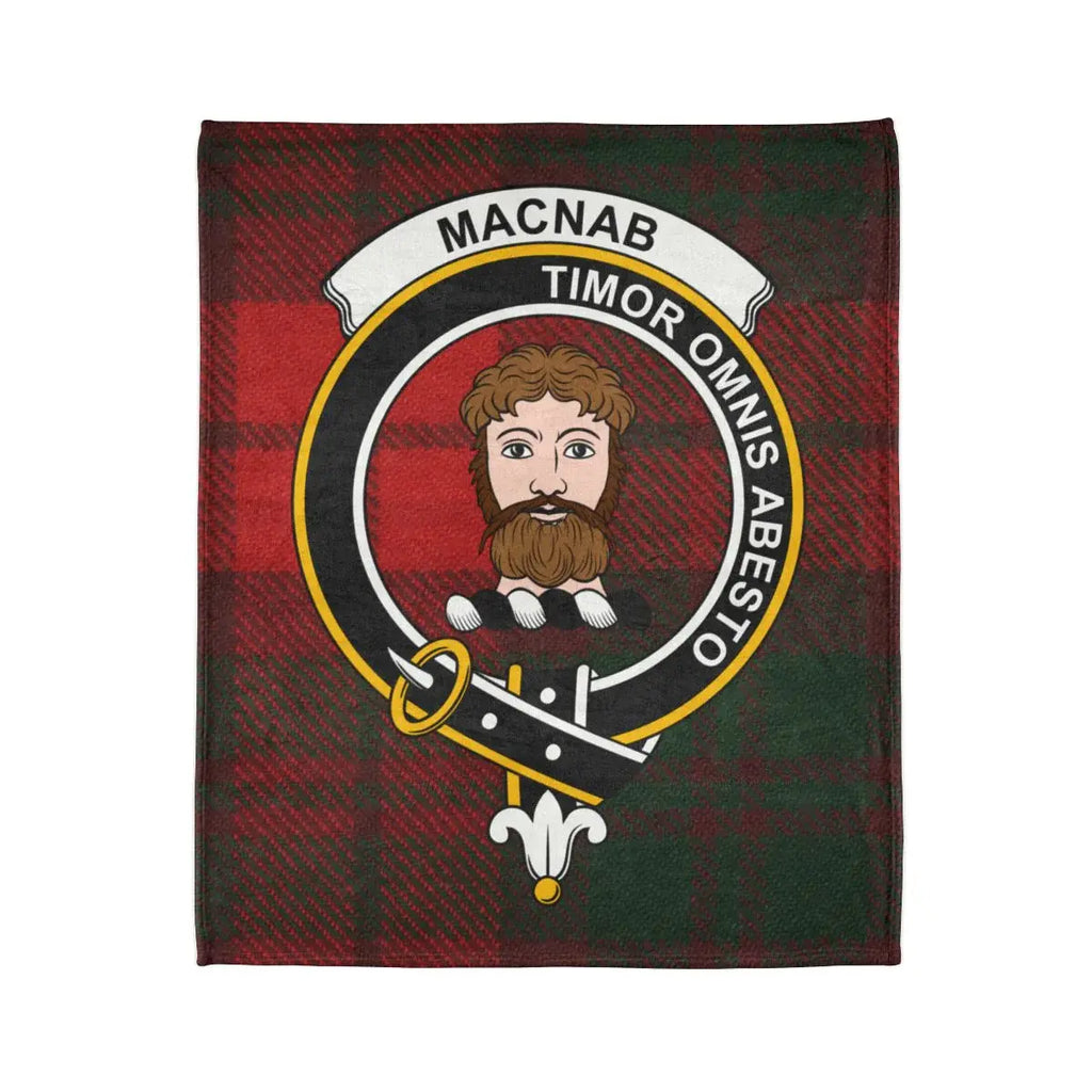 MacNab clan crest tartan throw blanket laid flat — full Timor Omnis Abesto print