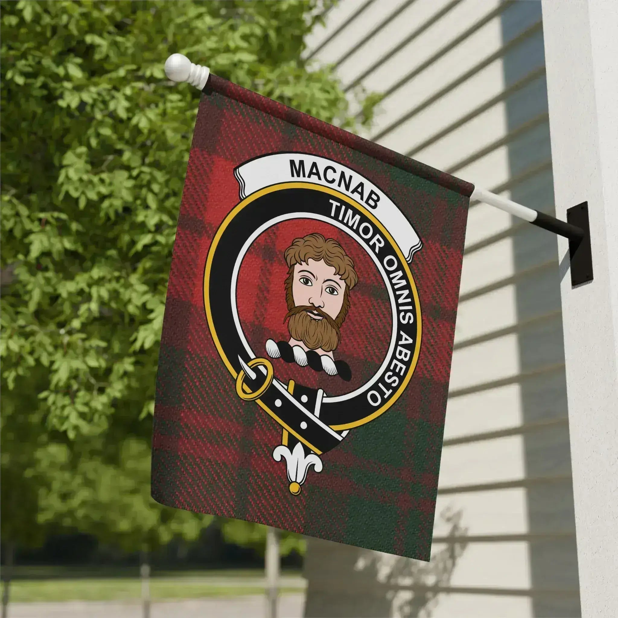 MacNab clan crest tartan garden flag — Timor Omnis Abesto on poly canvas 12x18 inch