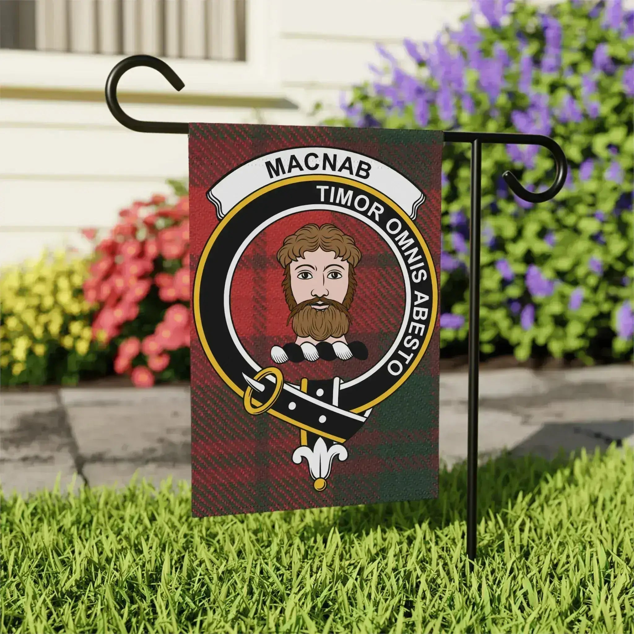MacNab tartan crest garden flag on outdoor stake — larger 24.5x32 porch display size