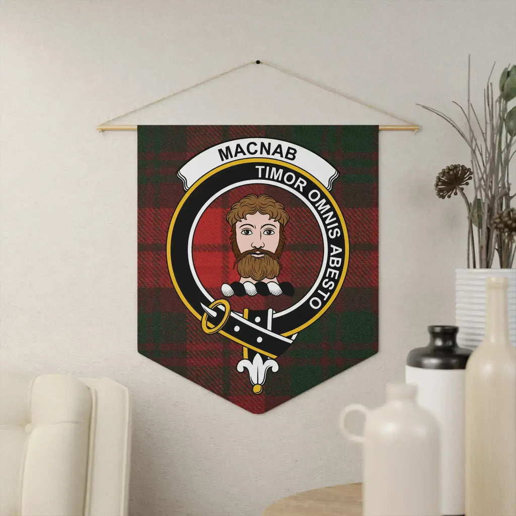 MacNab clan crest tartan pennant — Timor Omnis Abesto on 18x21 polyester twill banner