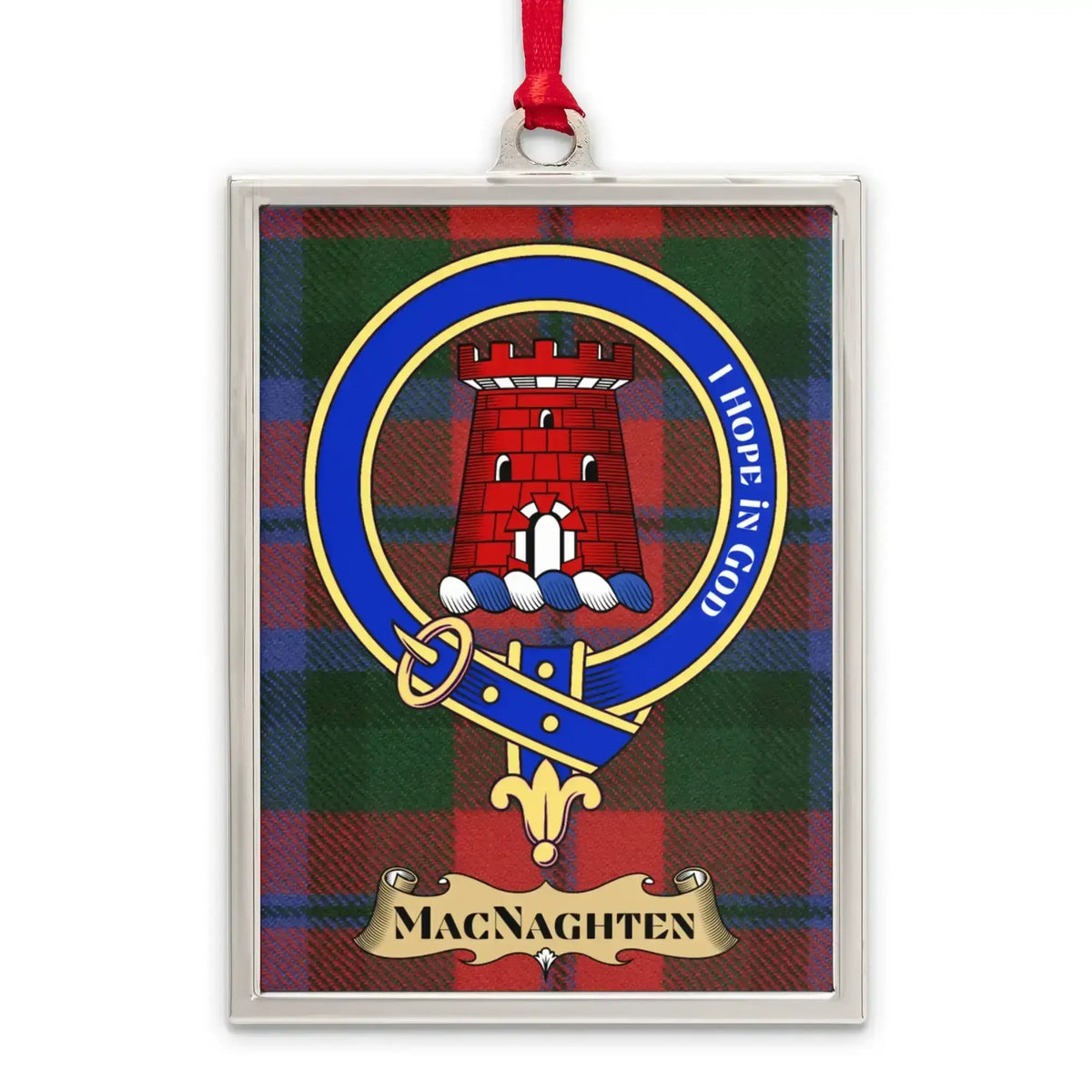 Macnaghten tartan-background crest ornament shown as a Scottish heritage keepsake gift