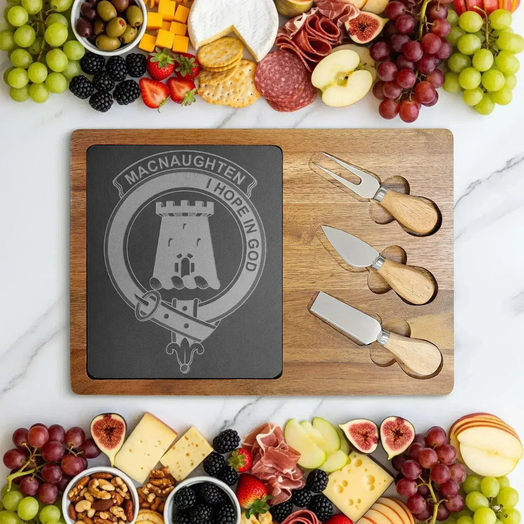 Macnaughten clan crest and I Hope in God engraved on acacia-and-slate board