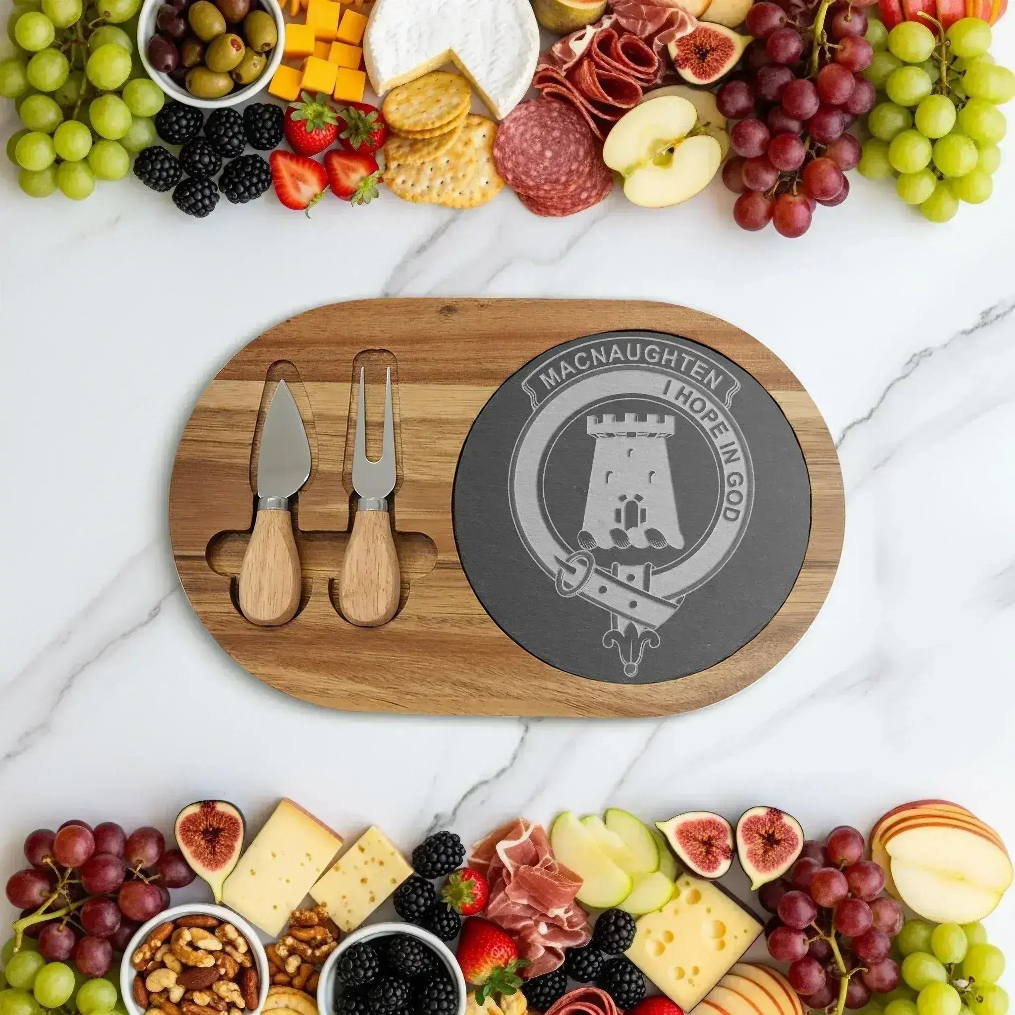Macnaughten engraved Scottish heritage serving board in acacia wood and slate