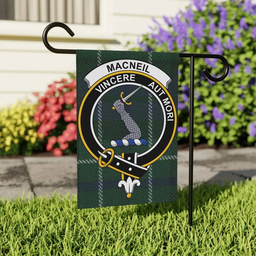 MacNeil clan crest garden flag on standard pole — 24.5x32 inch size with Vincere Aut Mori tartan design