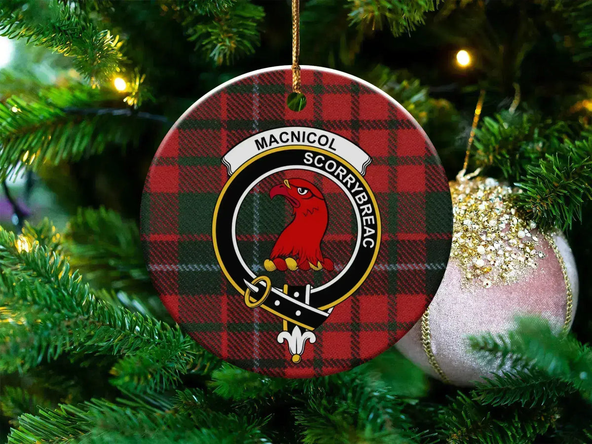 Clan MacNicol tartan crest ceramic Christmas ornament — round 3-inch double-sided print