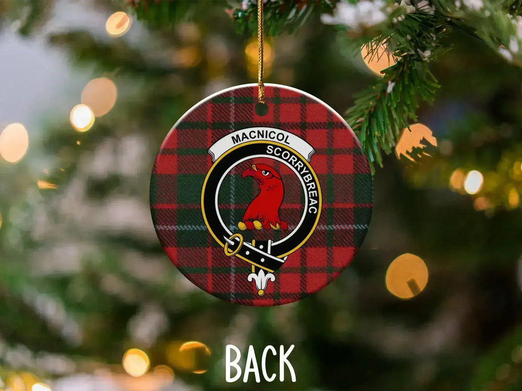 MacNicol Scottish clan crest ornament — ceramic with gold hanging string, tartan detail