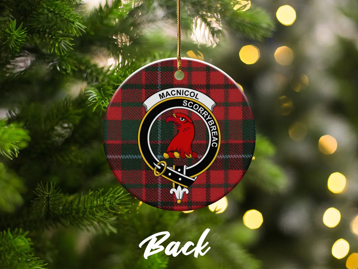 MacNicol Scorrybreac tartan Christmas ornament — holiday tree decoration with clan crest