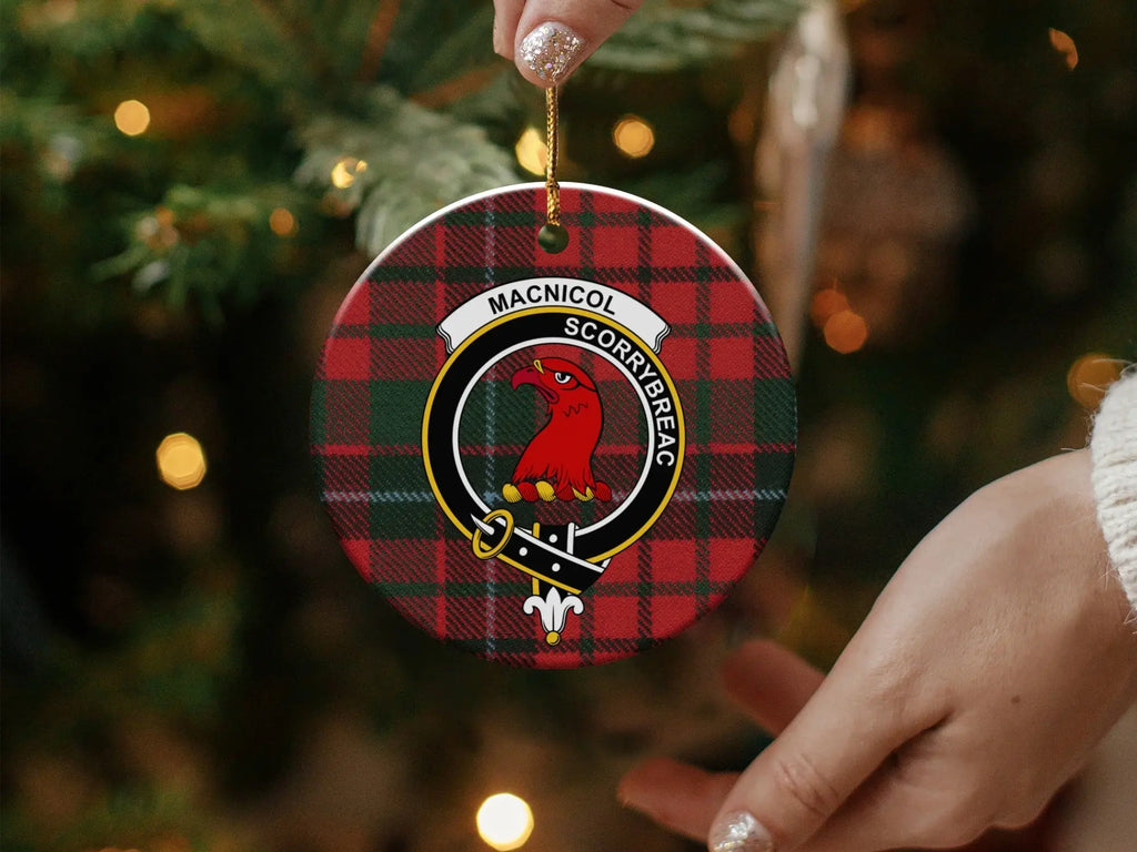 Clan MacNicol holiday ornament — tartan pattern with Scorrybreac clan design, ceramic round