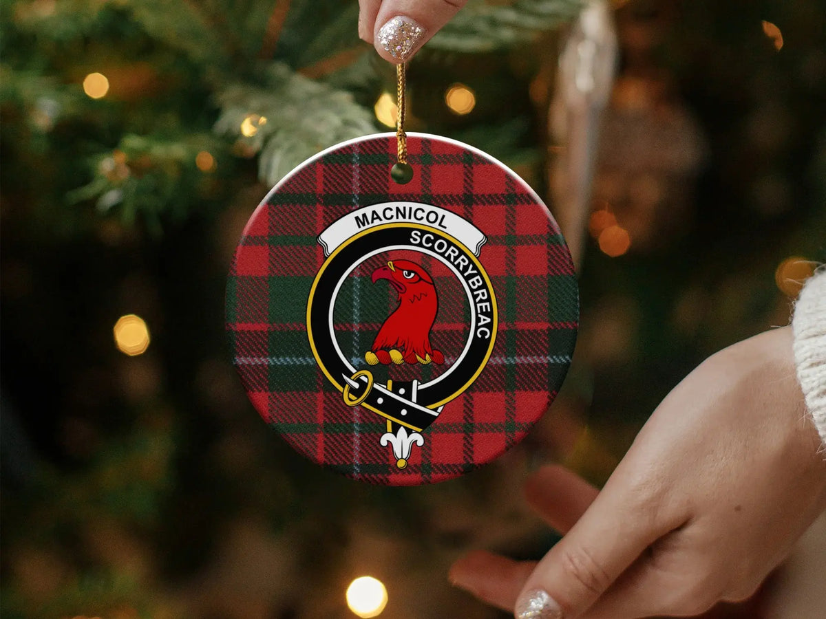 Clan MacNicol holiday ornament — tartan pattern with Scorrybreac clan design, ceramic round