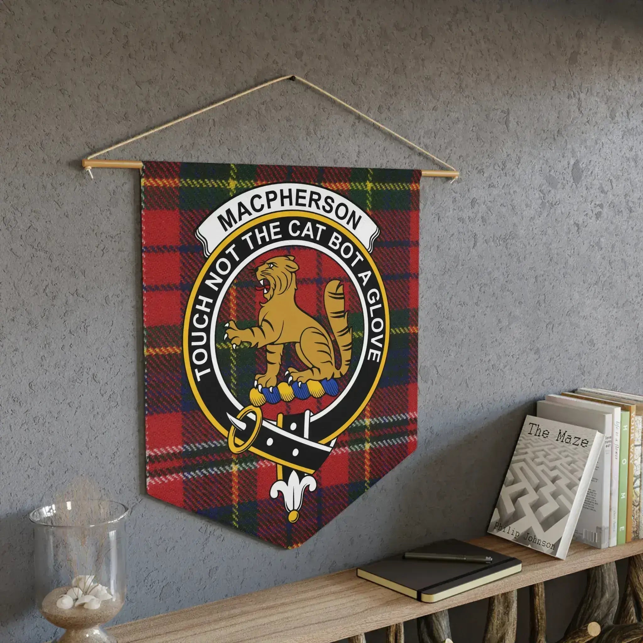 MacPherson clan tartan pennant showing Touch Not The Cat crest — laser-cut edge and clan colours