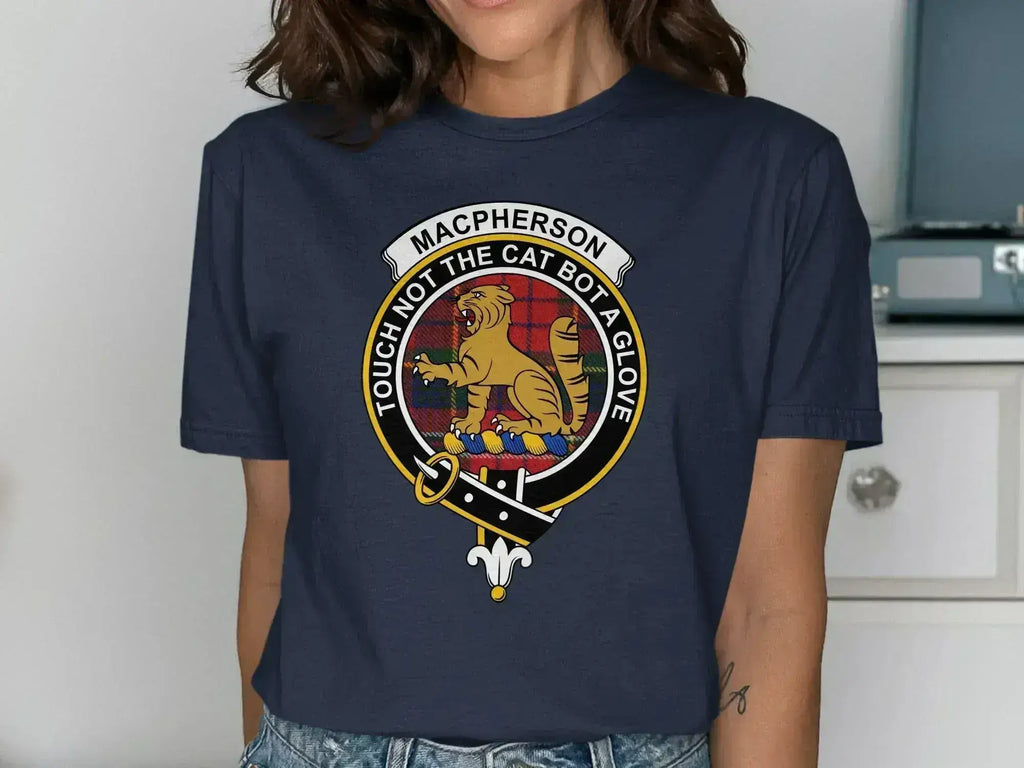 MacPherson clan crest t-shirt in black — Touch Not The Cat Bot A Glove tartan badge print