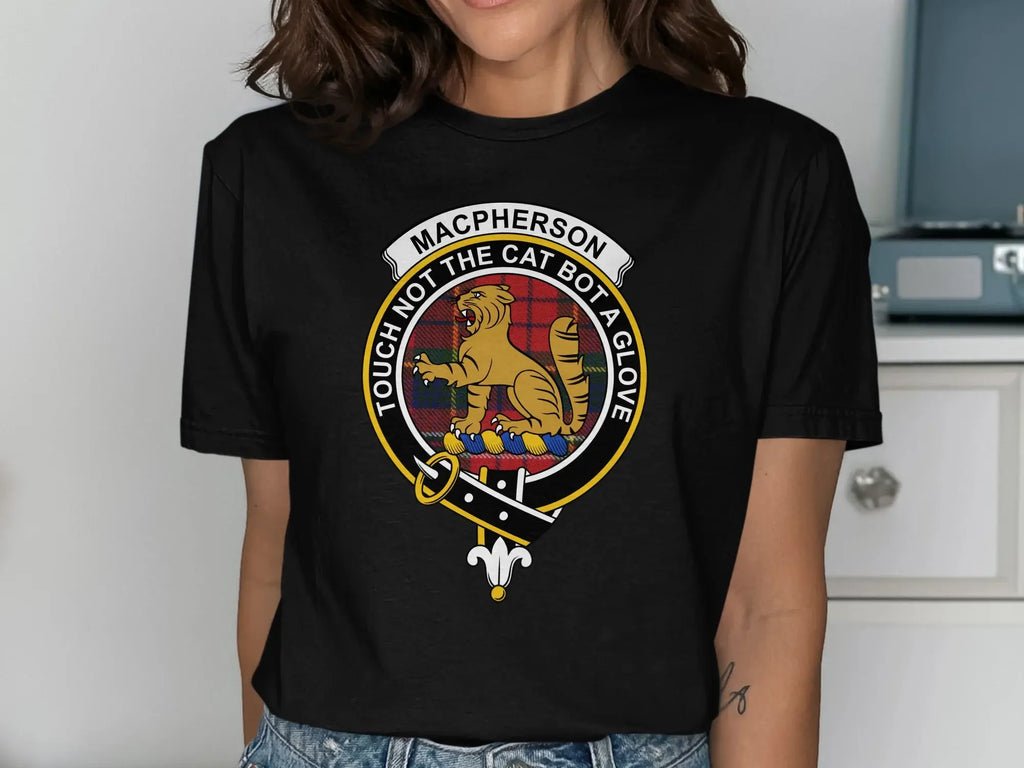 Clan MacPherson t-shirt in forest green — cat crest and tartan graphic on relaxed unisex cotton tee
