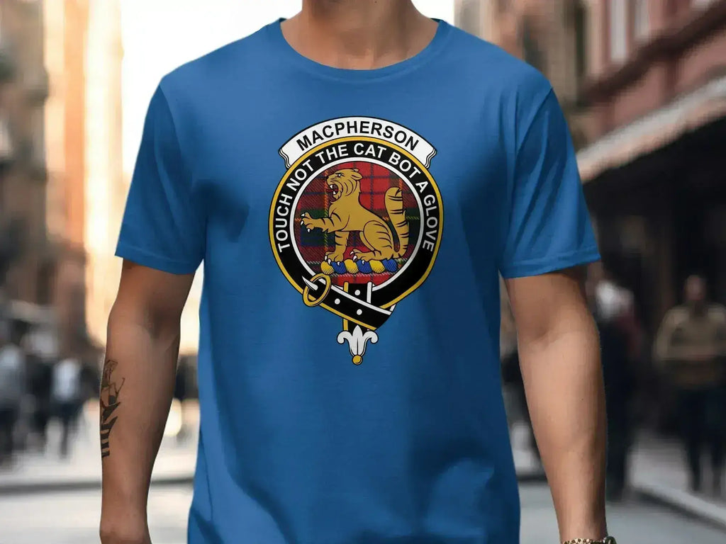 MacPherson clan tartan t-shirt shown on model — unisex fit with Touch Not The Cat crest print