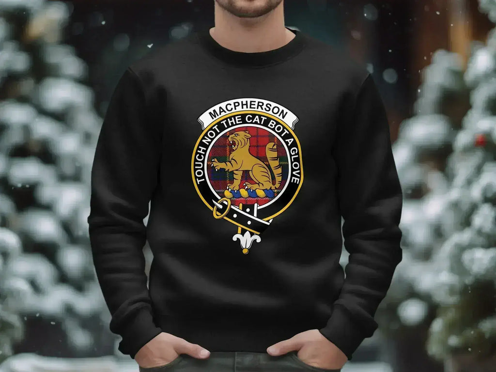 Clan MacPherson crewneck sweatshirt in black — Touch Not The Cat crest and tartan on fleece pullover