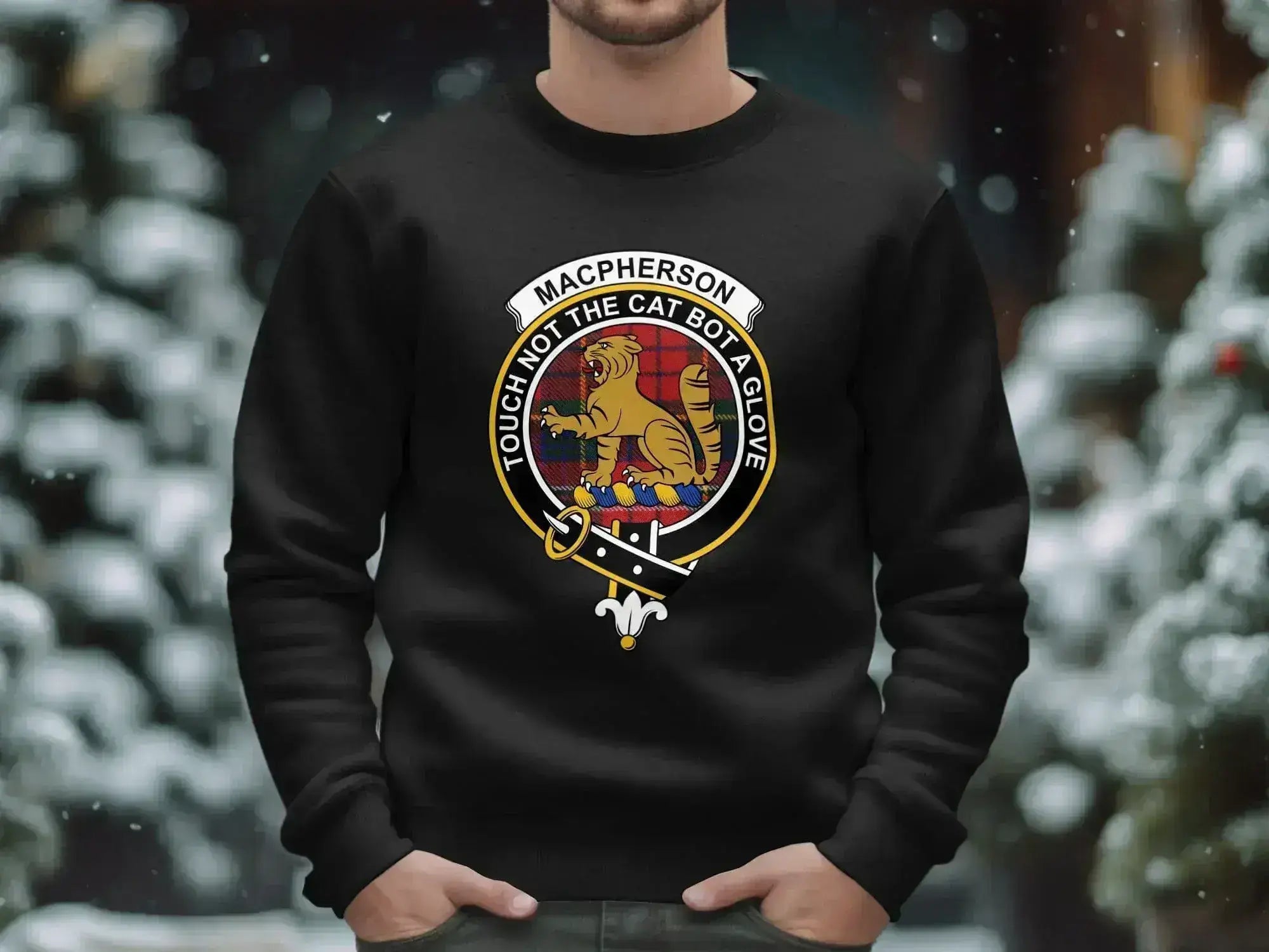 Clan MacPherson crewneck sweatshirt in black — Touch Not The Cat crest and tartan on fleece pullover