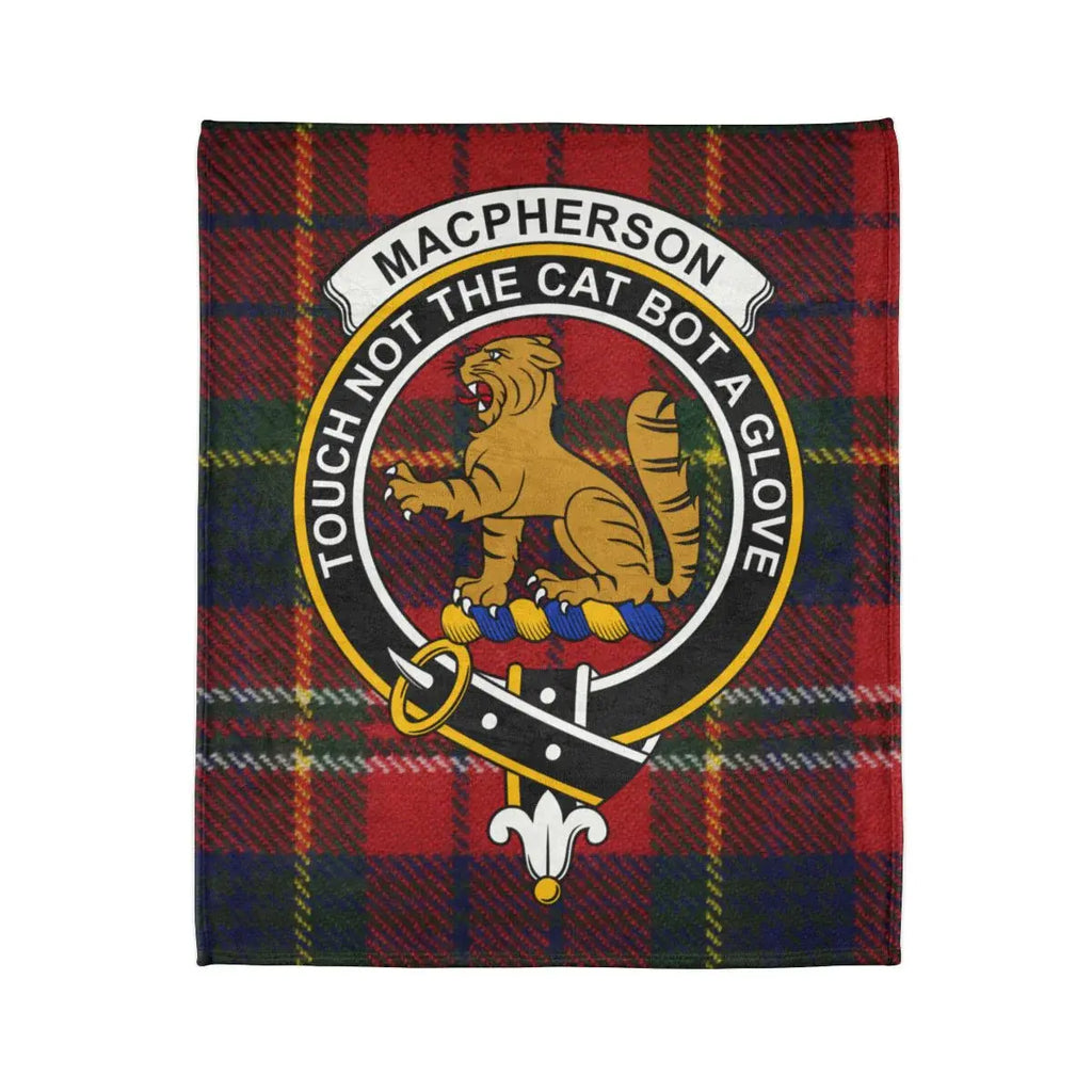 MacPherson Touch Not The Cat Bot A Glove crest and tartan detail on printed polyester throw