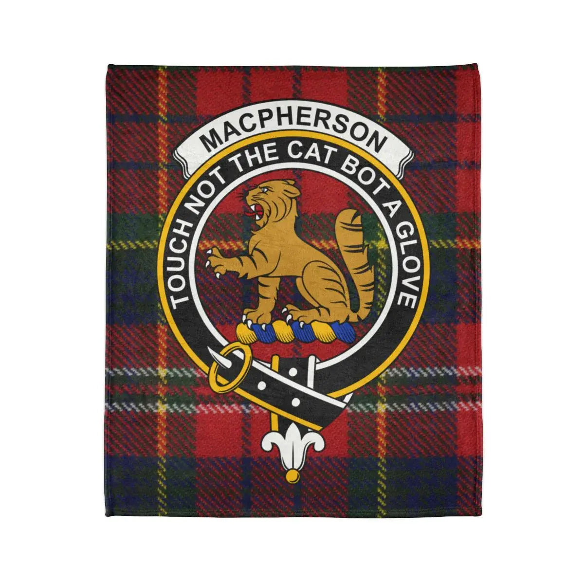 MacPherson Touch Not The Cat Bot A Glove crest and tartan detail on printed polyester throw