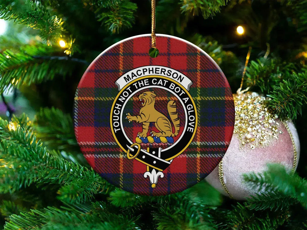 Clan MacPherson tartan cat crest ceramic Christmas ornament — 3-inch round with gold hanging string