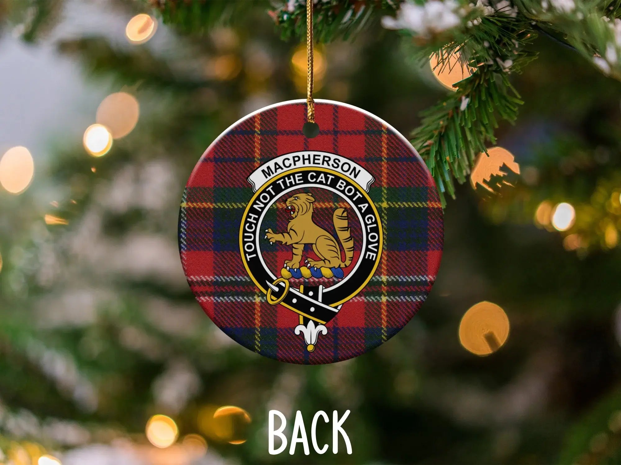 MacPherson clan ornament showing Touch Not The Cat Bot A Glove crest — double-sided UV printed ceramic
