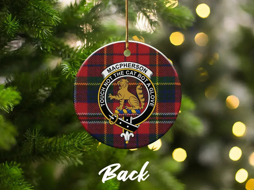 MacPherson family crest ceramic ornament on Christmas tree — Scottish clan tartan cat design