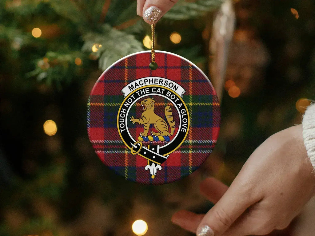 MacPherson clan tartan ornament reverse side — 3-inch round ceramic holiday decoration
