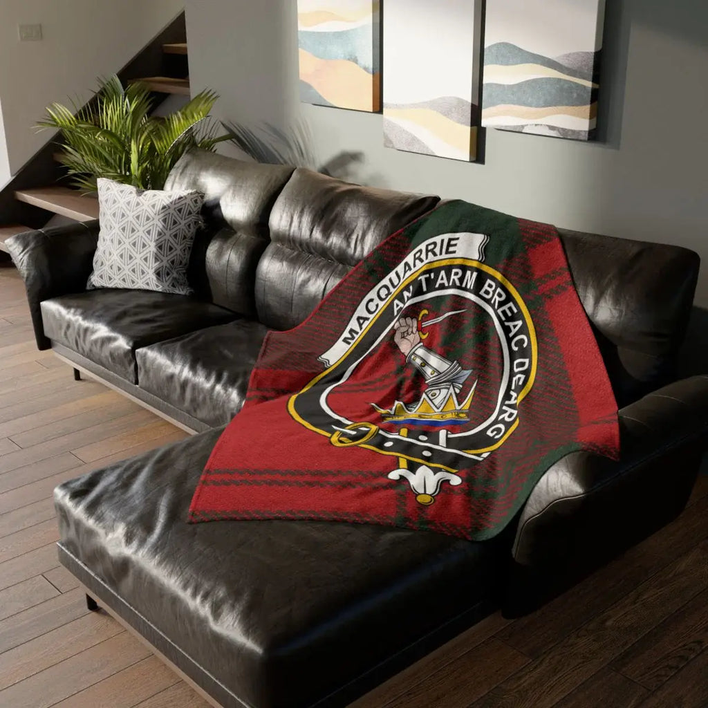 Clan MacQuarrie tartan throw blanket — 50"×60" printed polyester with red and black clan crest