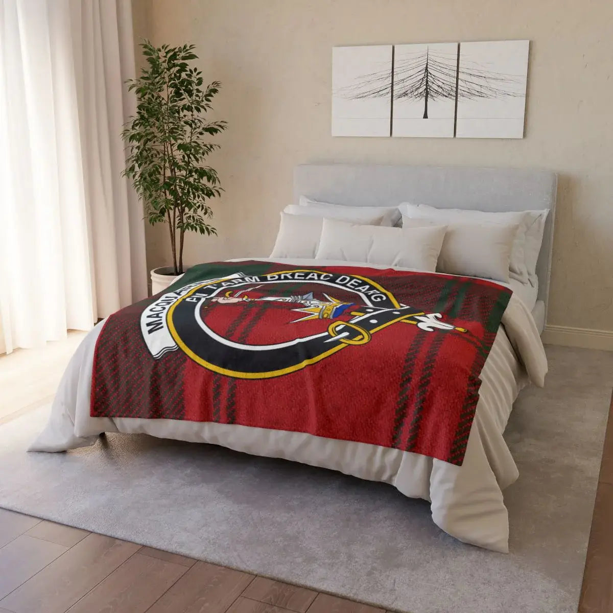 MacQuarrie clan crest throw blanket draped on sofa — red tartan on soft lightweight polyester