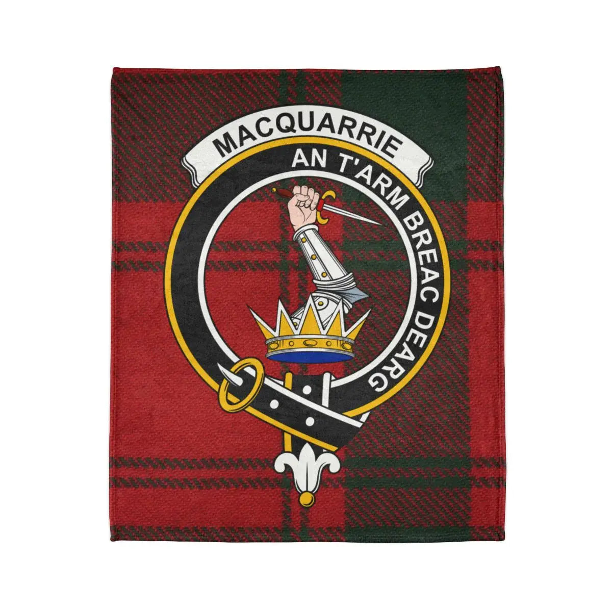 Clan MacQuarrie An t-Arm Breac Dearg tartan throw — full view showing crest print and white reverse