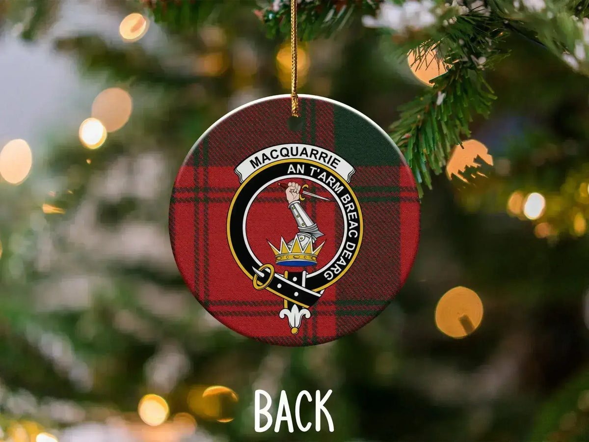 MacQuarrie Scottish clan ornament — ceramic with gold hanging string, tartan holiday decoration