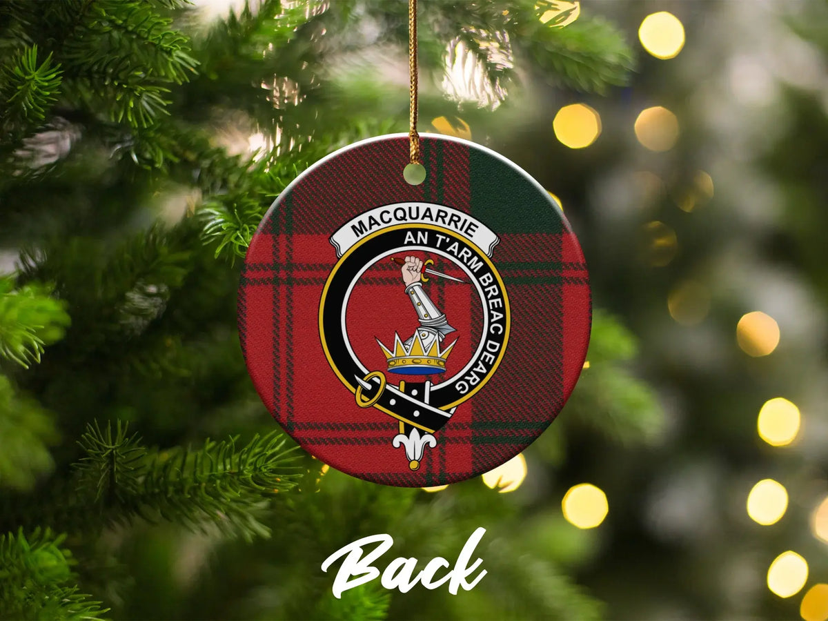 MacQuarrie An t-Arm Breac Dearg ornament — red tartan plaid Christmas ceramic round