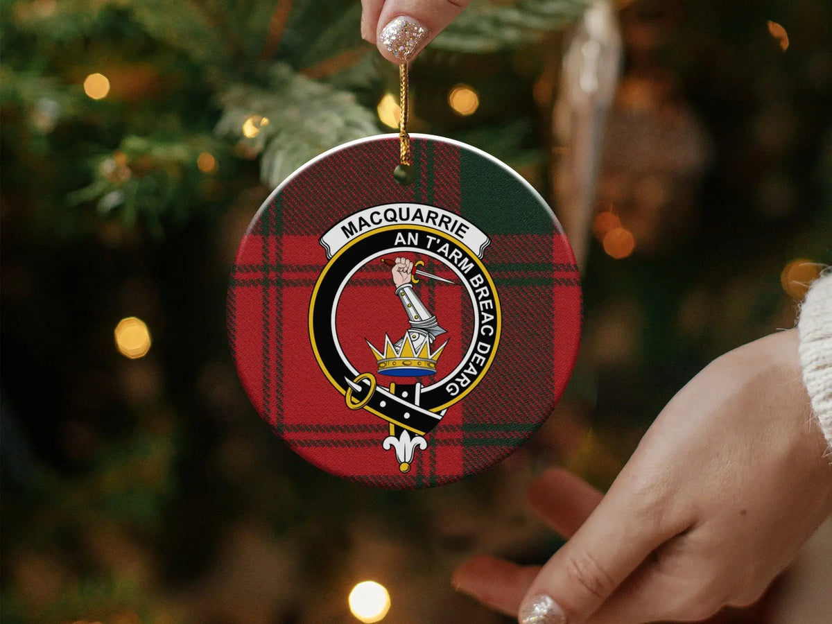 Clan MacQuarrie holiday ornament — clan crest and red tartan on double-sided ceramic, 3 inch