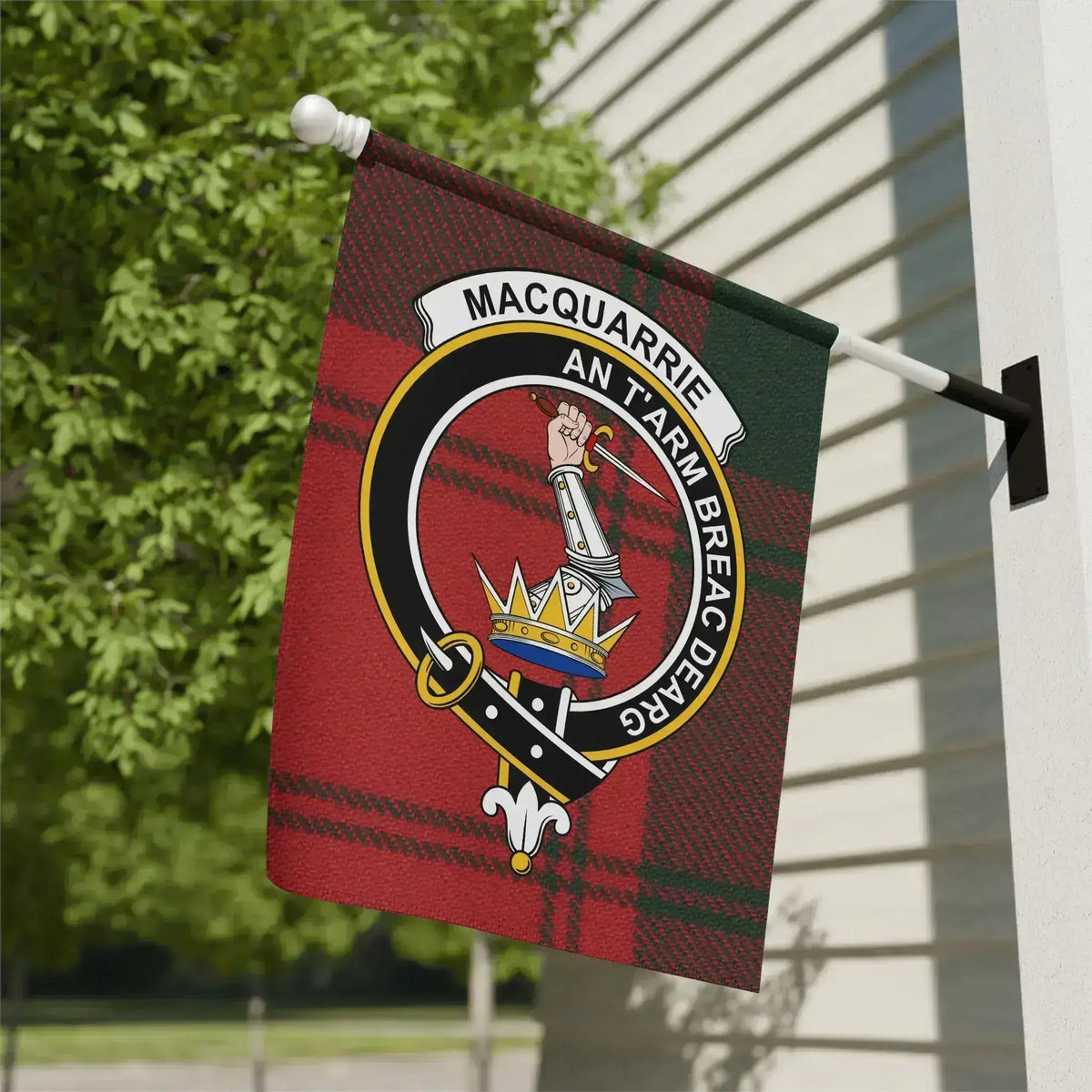 Clan MacQuarrie tartan garden flag — Scottish clan crest on poly poplin-canvas, outdoor display