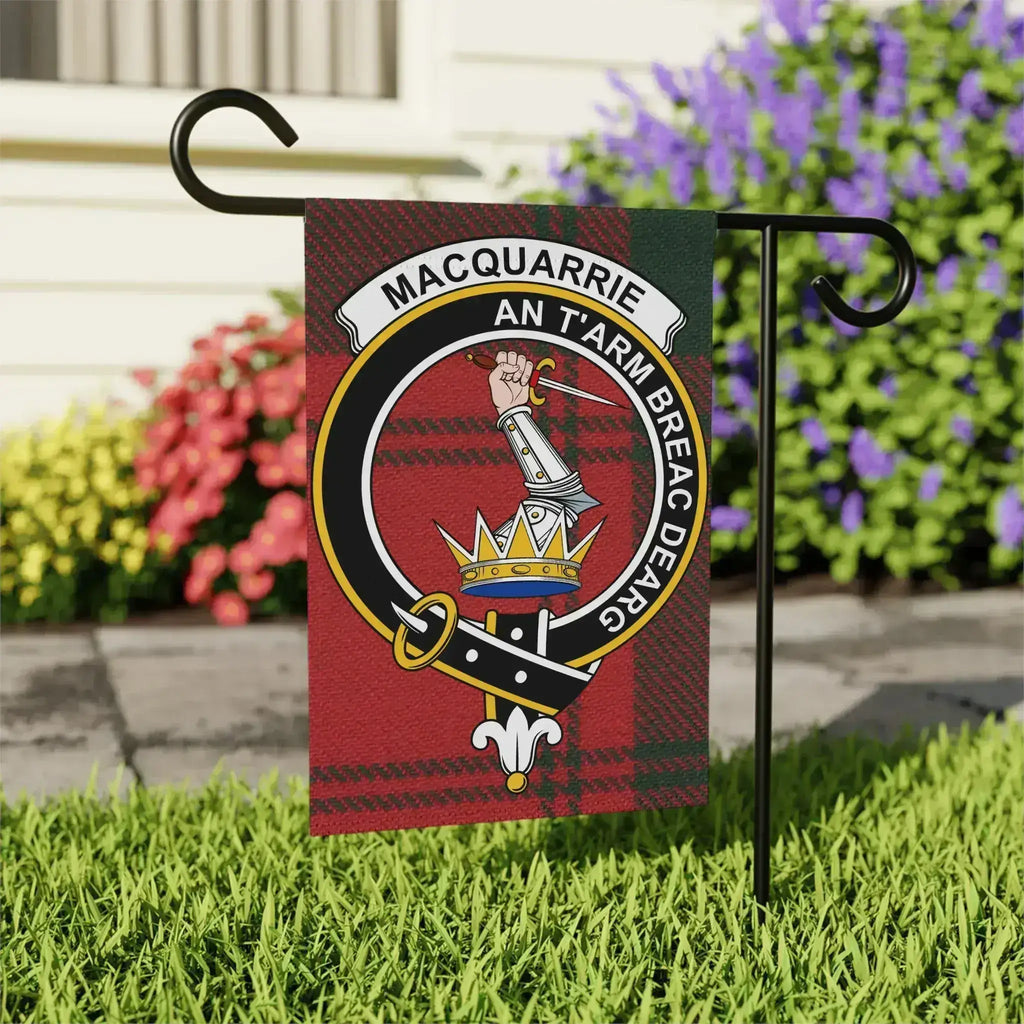 MacQuarrie An t-Arm Breac Dearg garden flag — full-colour clan crest and red tartan, two sizes