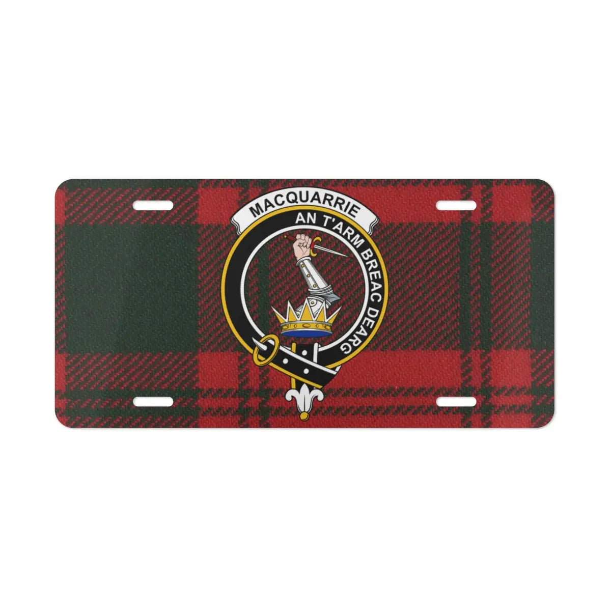 Clan MacQuarrie An t-Arm Breac Dearg tartan license plate — red plaid crest on white aluminium