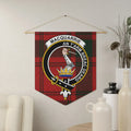 Clan MacQuarrie tartan pennant — triangular wall banner with red tartan clan crest, 18" × 21"