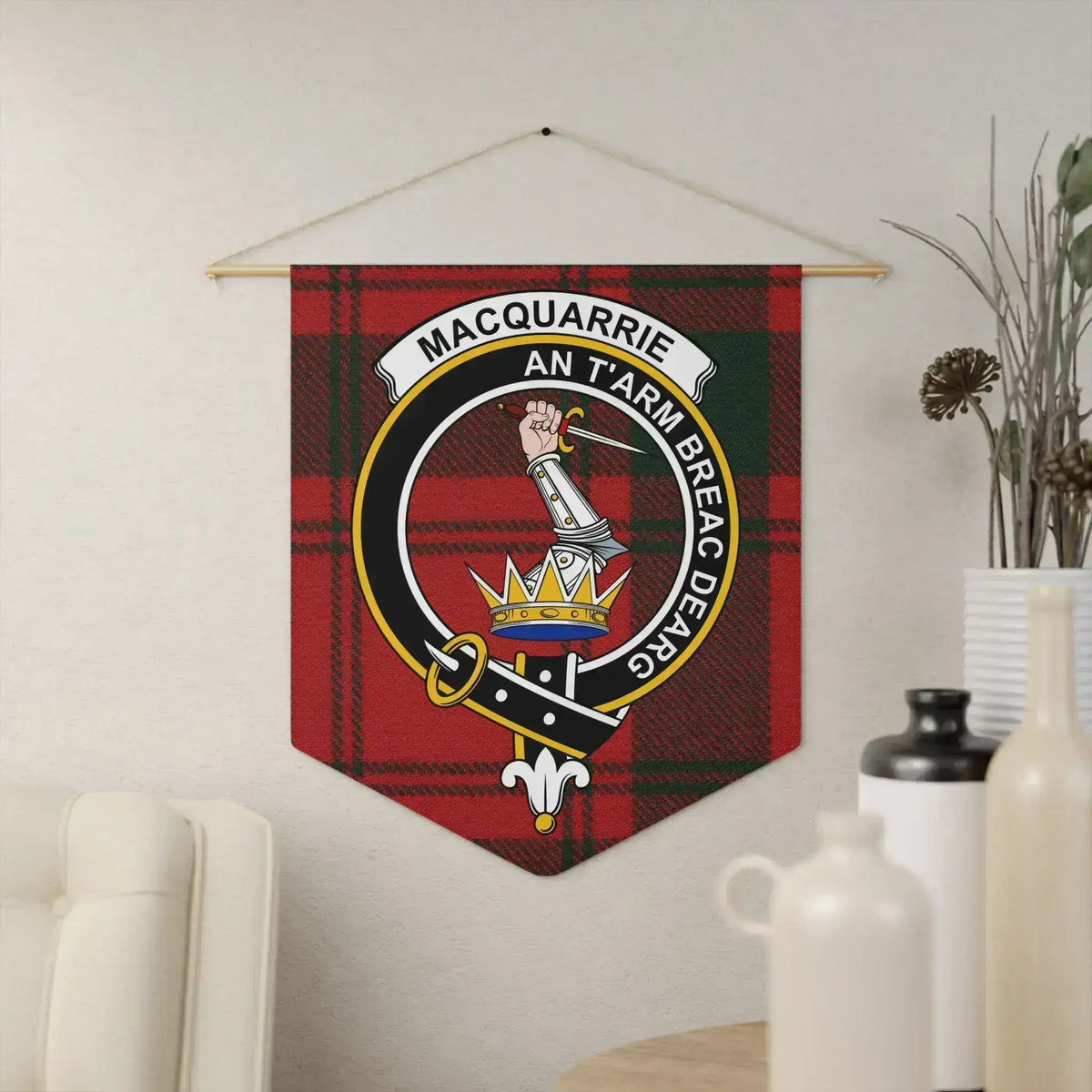Clan MacQuarrie tartan pennant — triangular wall banner with red tartan clan crest, 18" × 21"