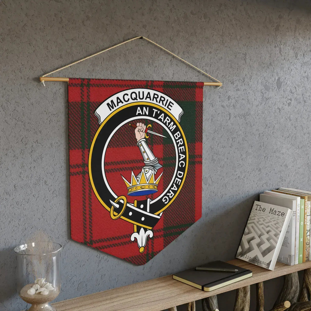 MacQuarrie clan crest pennant — red and black tartan banner with wooden dowel and twine included