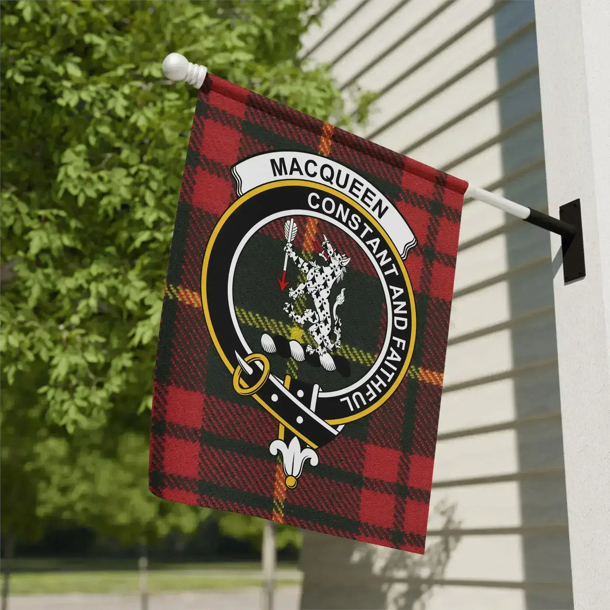Clan MacQueen tartan garden flag — Scottish clan crest on poly poplin-canvas, outdoor display