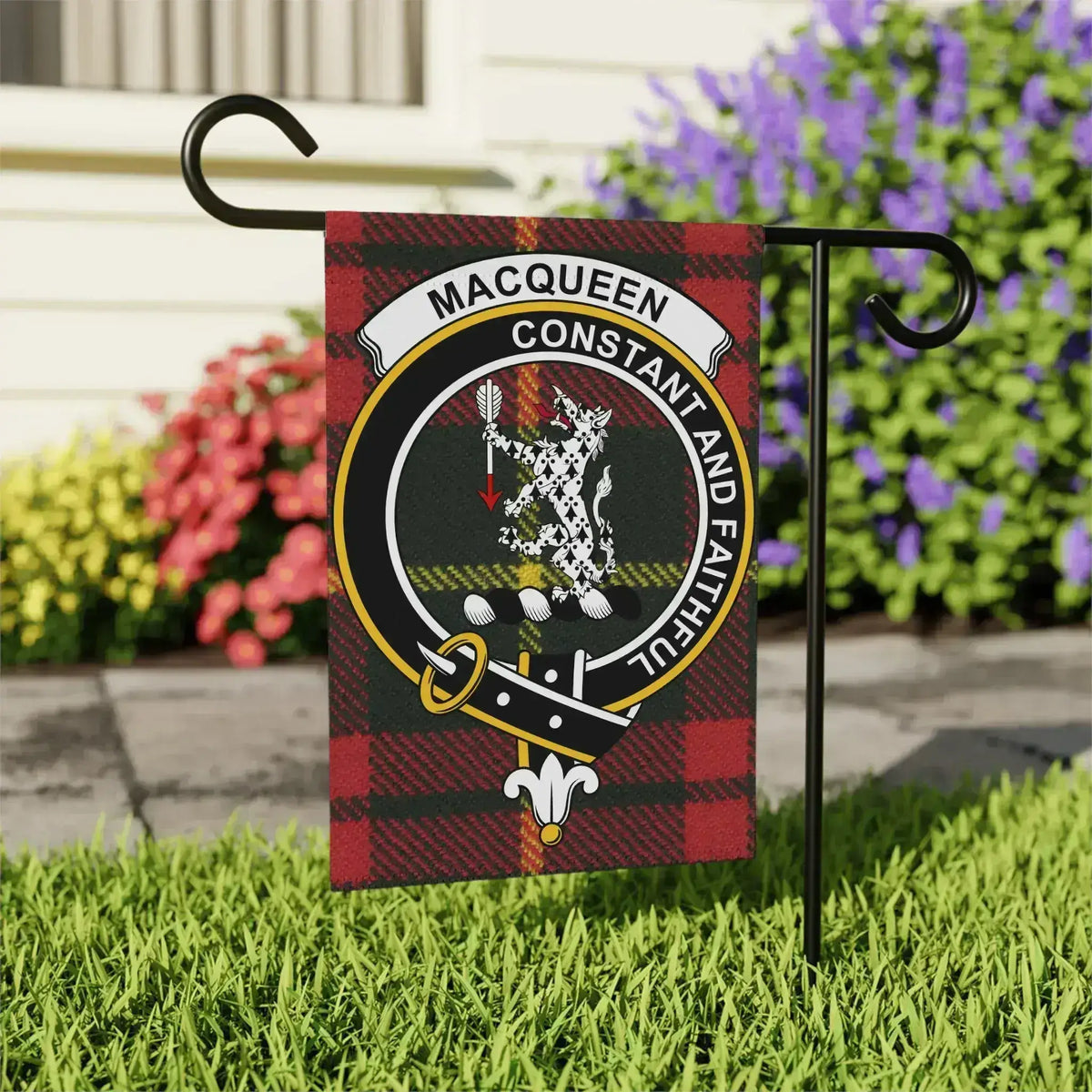 MacQueen Constant and Faithful clan garden flag — full-colour tartan crest print, two sizes available