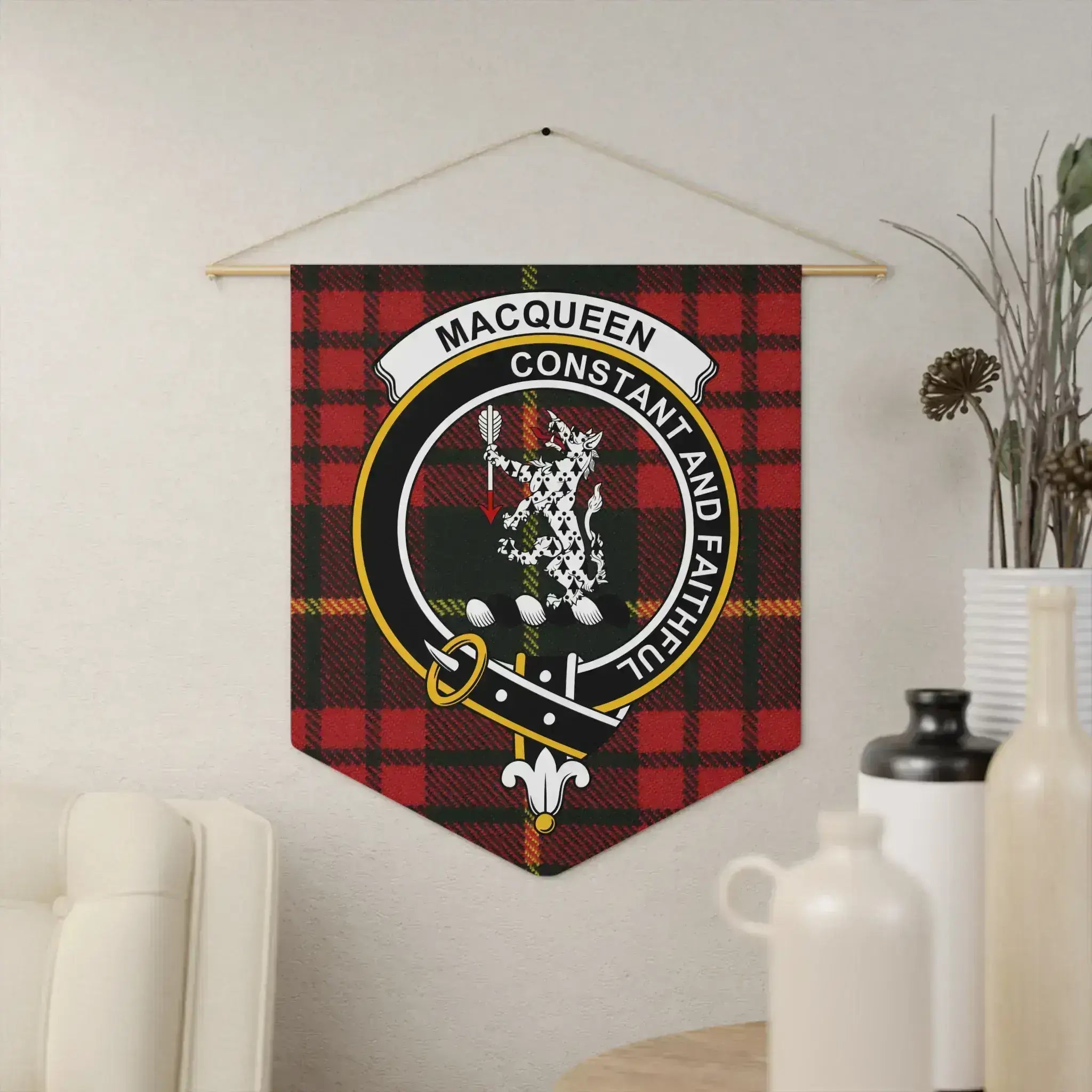 Clan MacQueen Constant and Faithful tartan pennant — triangular wall banner with clan crest, 18" × 21"