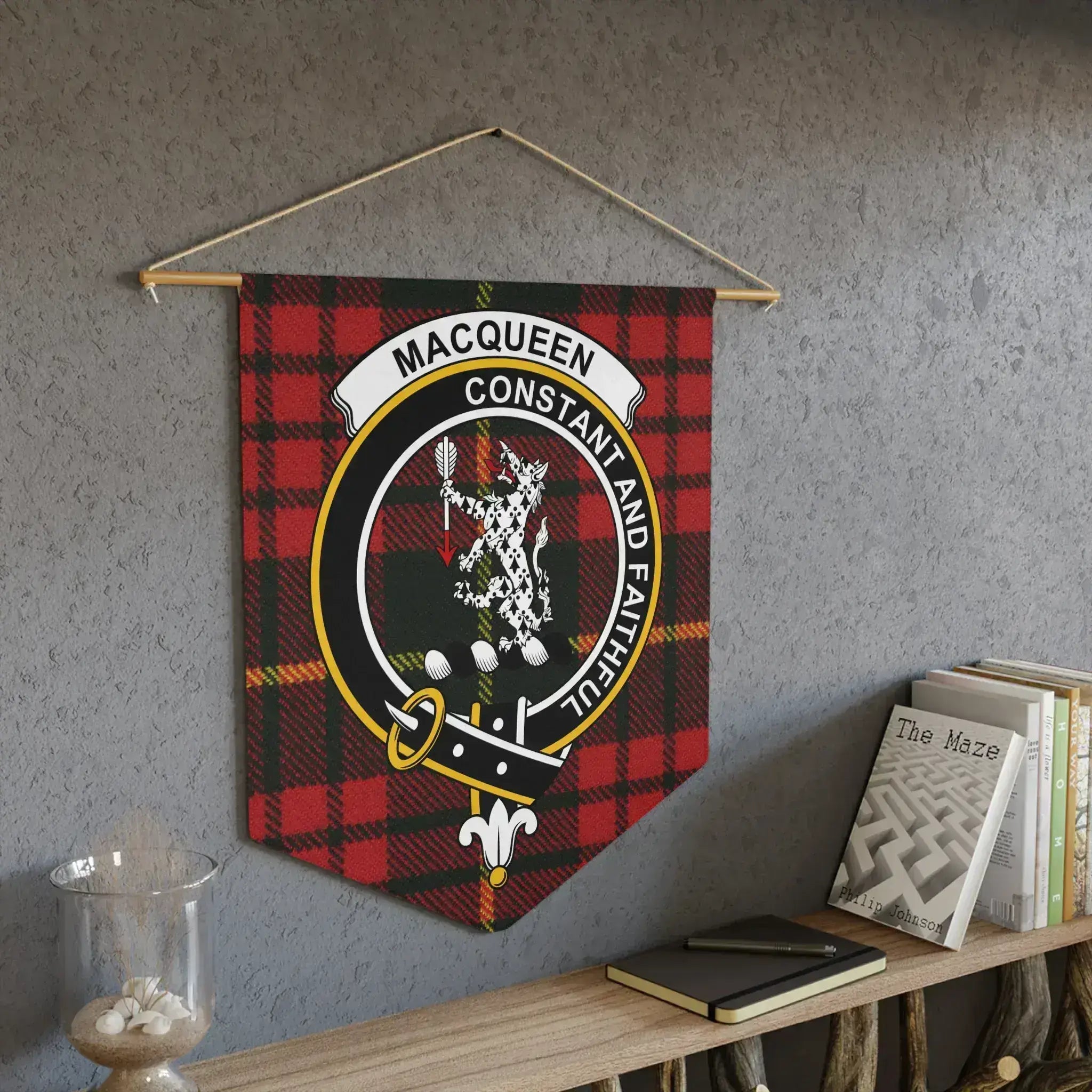 MacQueen clan crest pennant — tartan plaid wall hanging with wooden dowel and twine, polyester twill
