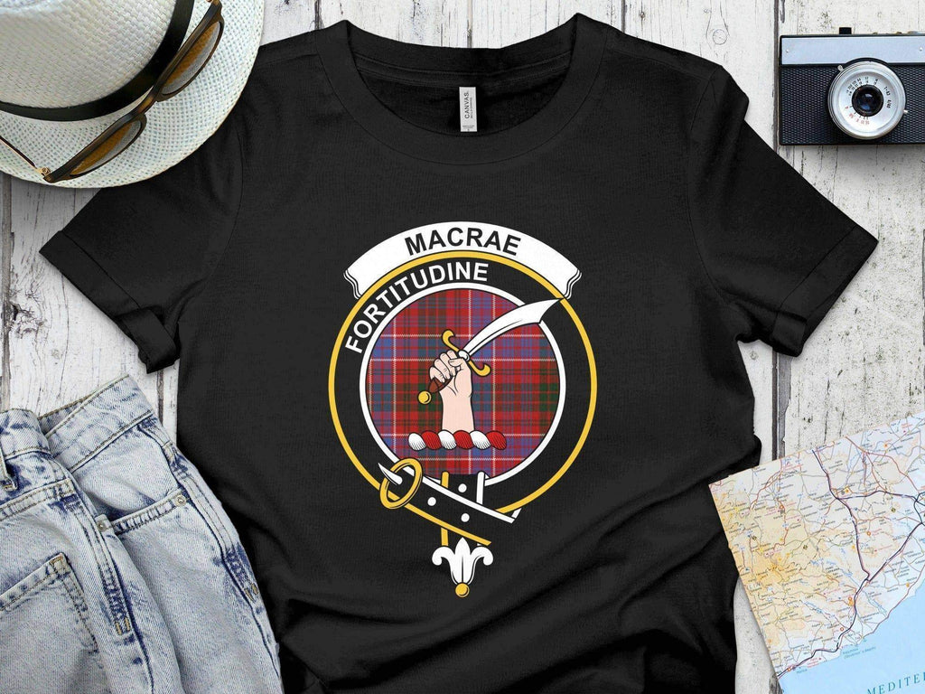 Clan MacRae Fortitudine crest tartan t-shirt in navy — printed clan crest on cotton short sleeve tee