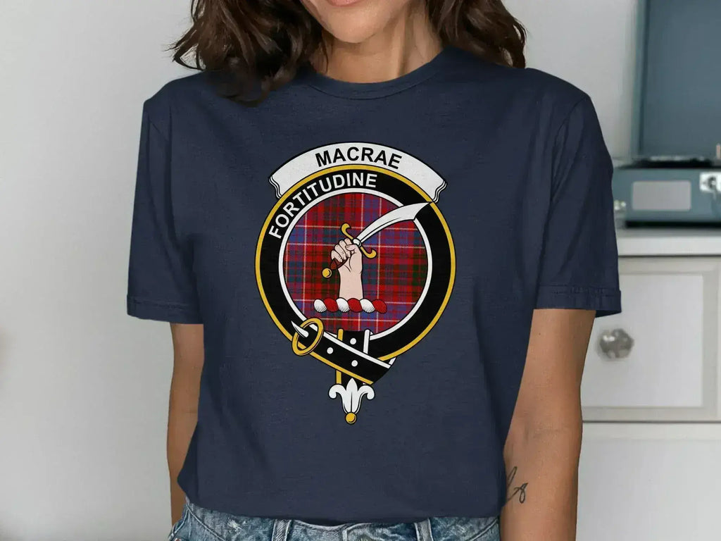 MacRae clan crest emblem t-shirt in black — Fortitudine tartan badge print on cotton tee
