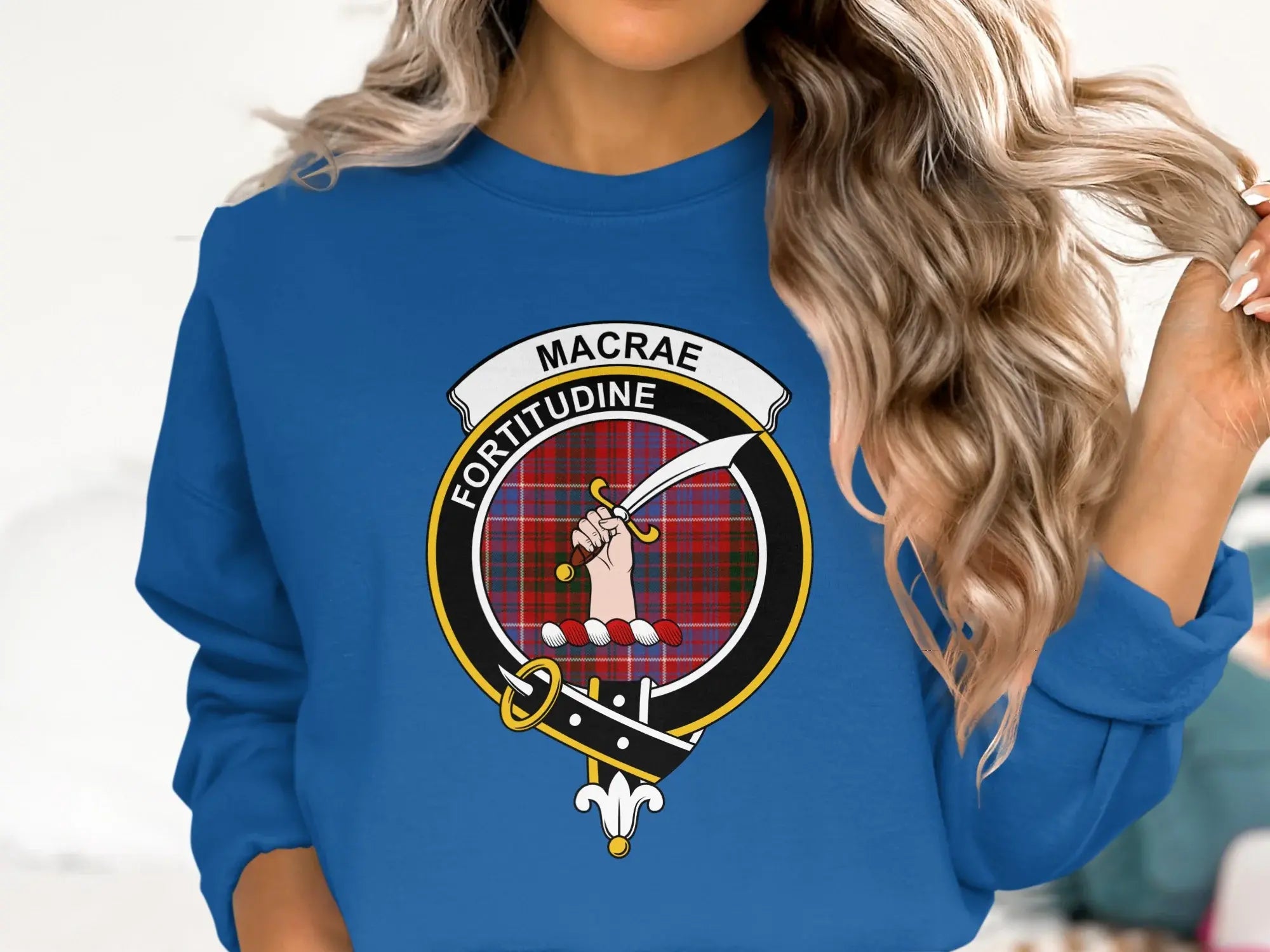 MacRae Fortitudine emblem sweatshirt in royal blue — ribbed cuffs and waistband with printed crest