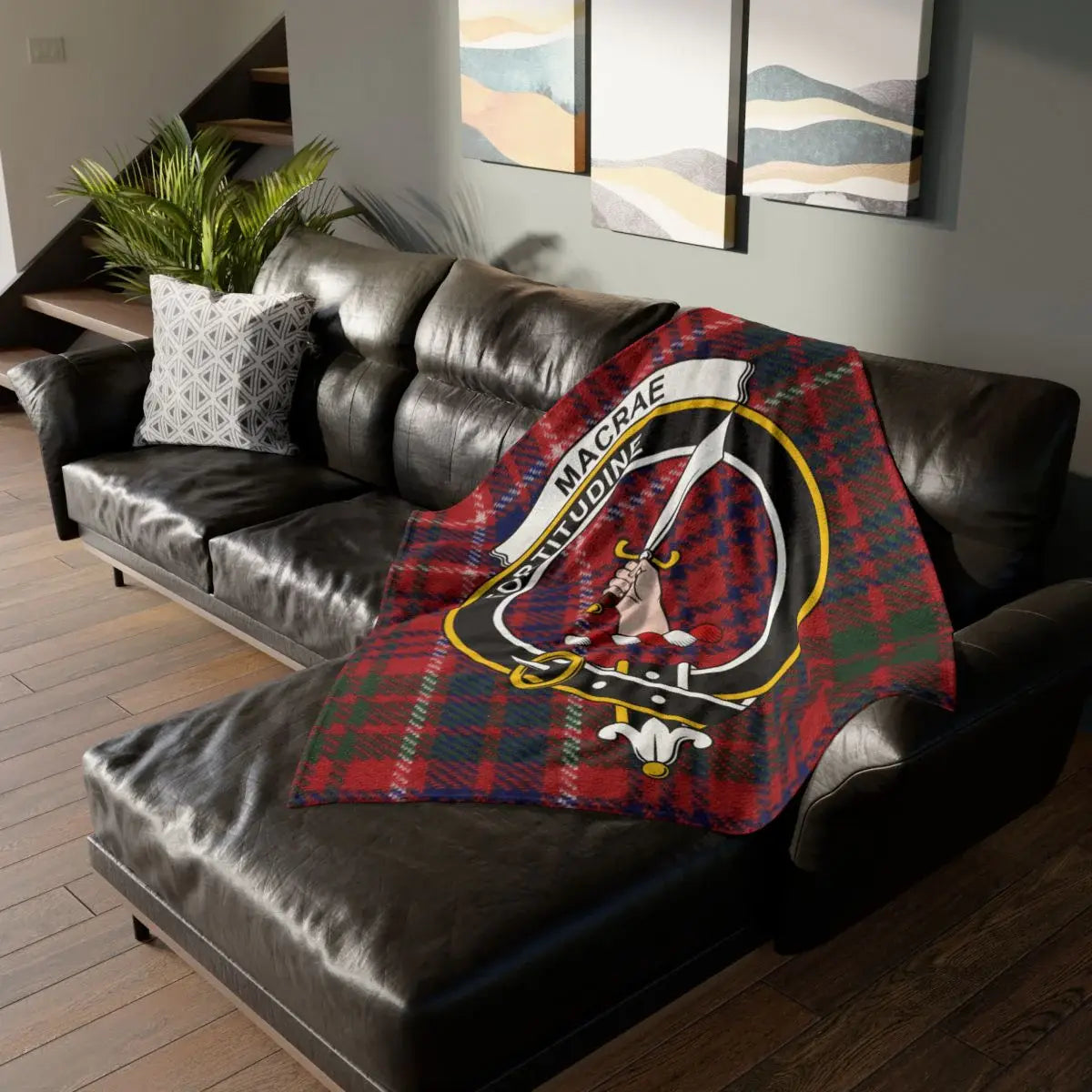 Clan MacRae crest tartan printed throw blanket — clan colours on sofa, 50x60 inch polyester
