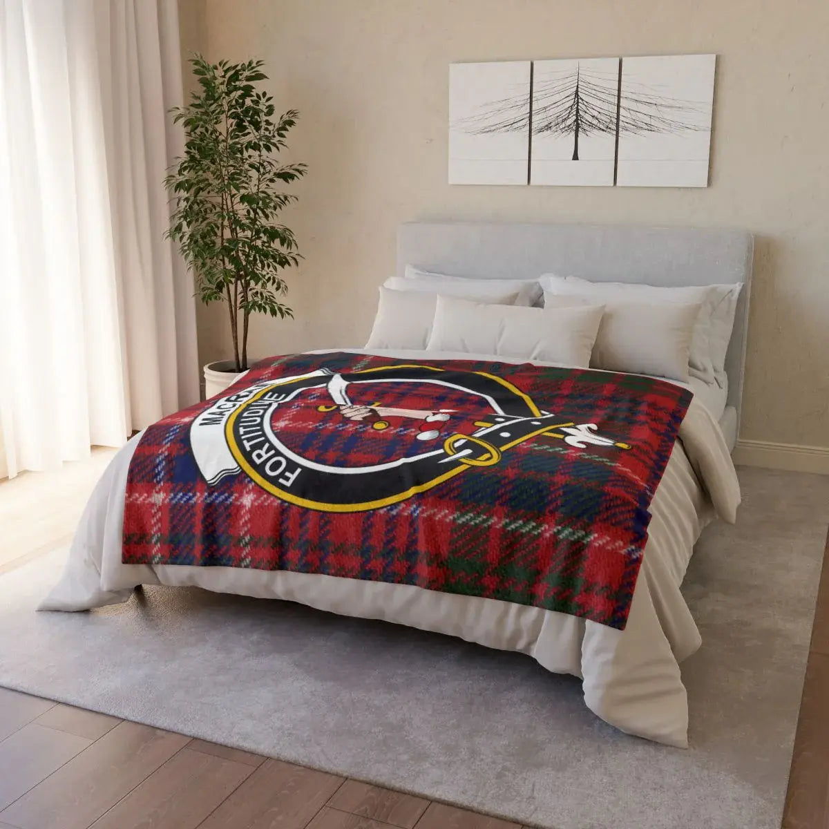 MacRae tartan throw blanket showing white reverse side and hemmed edges — lightweight construction