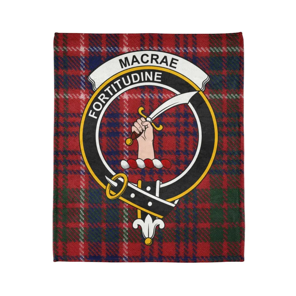 MacRae Fortitudine family crest and tartan detail on printed polyester throw blanket