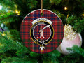 Clan MacRae tartan crest ceramic Christmas ornament — 3-inch round with gold hanging string