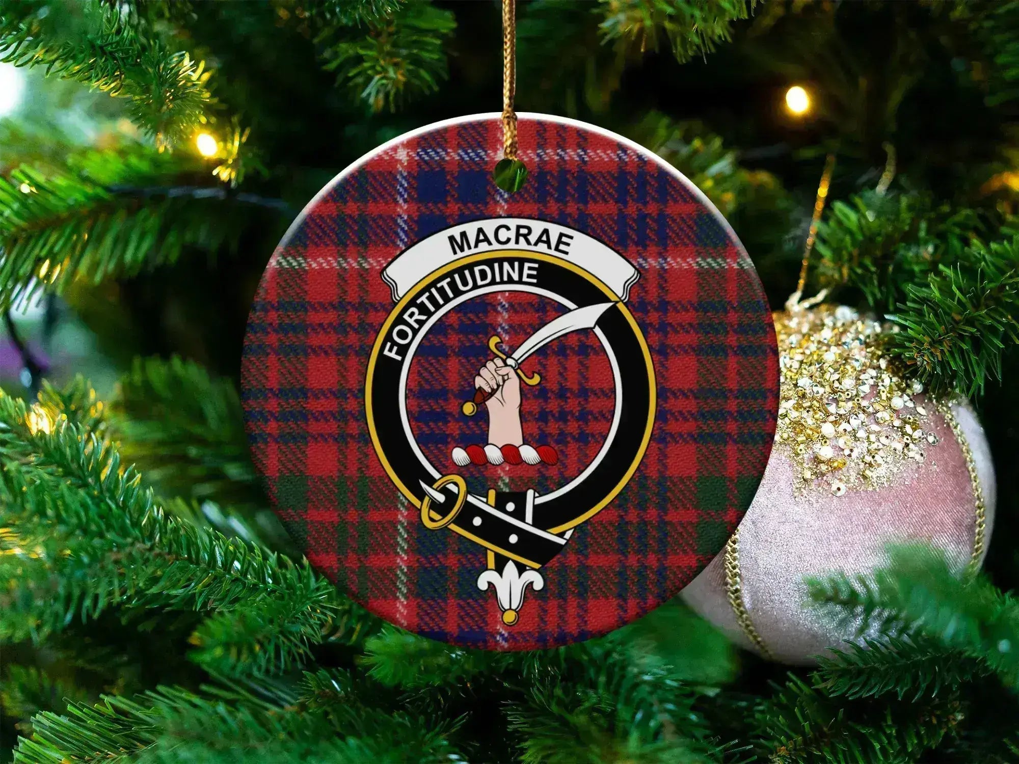 Clan MacRae tartan crest ceramic Christmas ornament — 3-inch round with gold hanging string